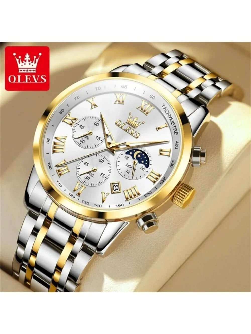 Olevs Men's Silver Gold Multifunction White Face Waterproof Chronograph Watch